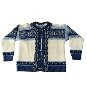 Vintage Nordstrikk Norwegian Wool Cardigan Sweater Blue White Fair Isle M/L